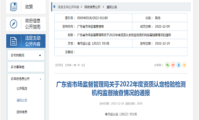 广东省市场监督管理局关于2022年度资质认定检验检测机构监督抽查情况的通报